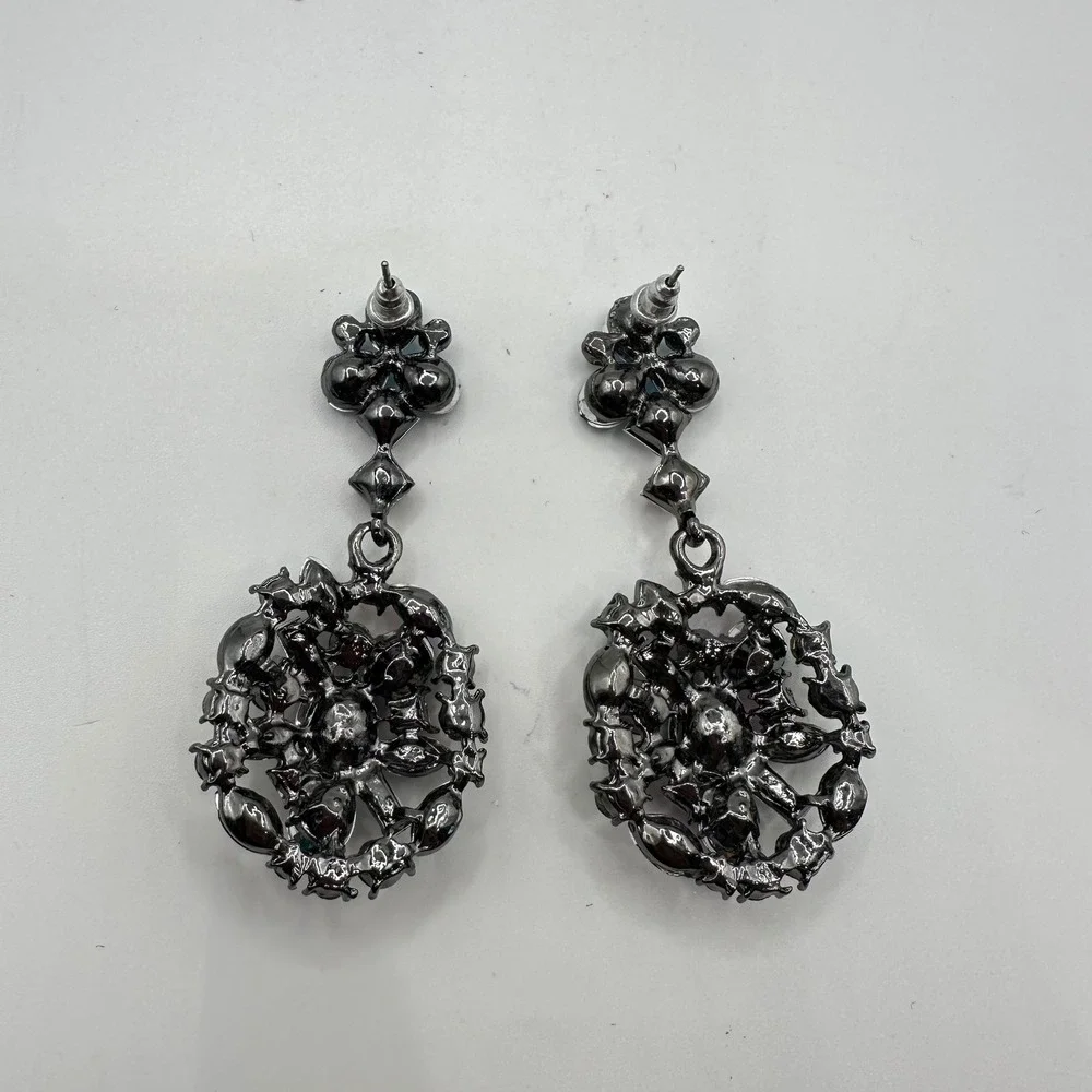 VTG Multi Color Rhinestone Statement Drop Earrings Gunmetal Tone Jewel Cluster